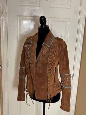 Bagatelle Western style brown and turquoise leather jacket size Small